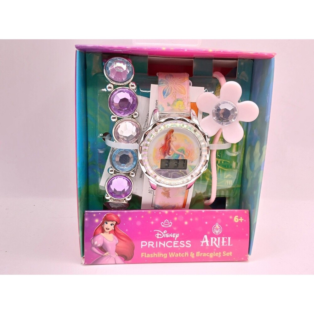 Disney Princess Ariel Girls Flashing LCD Pink Ombre Silicone Watch Bracelet Set!